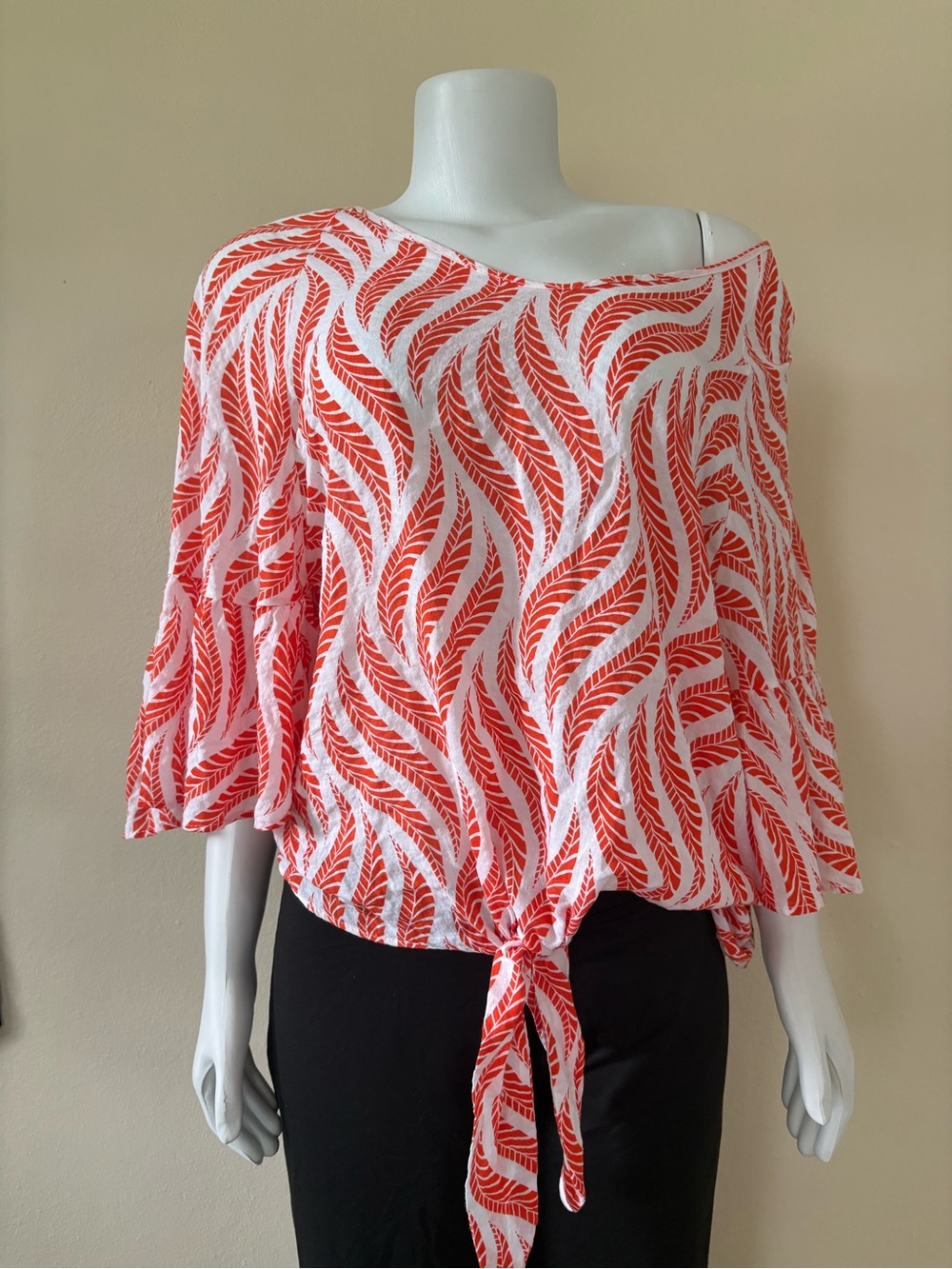 Women's Orange Leaf-Print Tie-Front Top